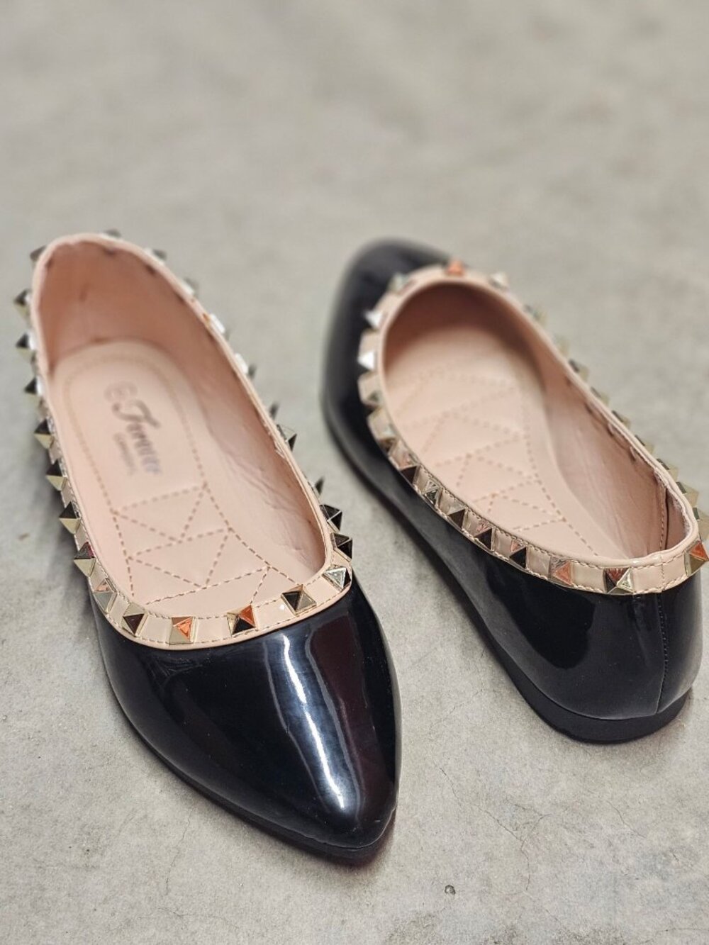 Black Patent Pointed Toe Flats With Gold Studded Trim - Picture 10 of 10